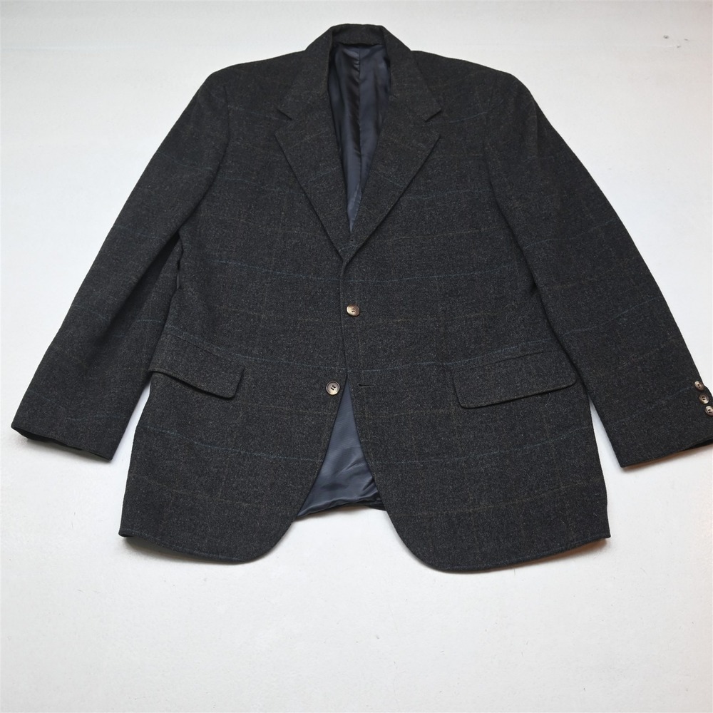 Vtg USA Southwick 44R Gray Windowpane Wool Flannel Mens Blazer Sport Coat